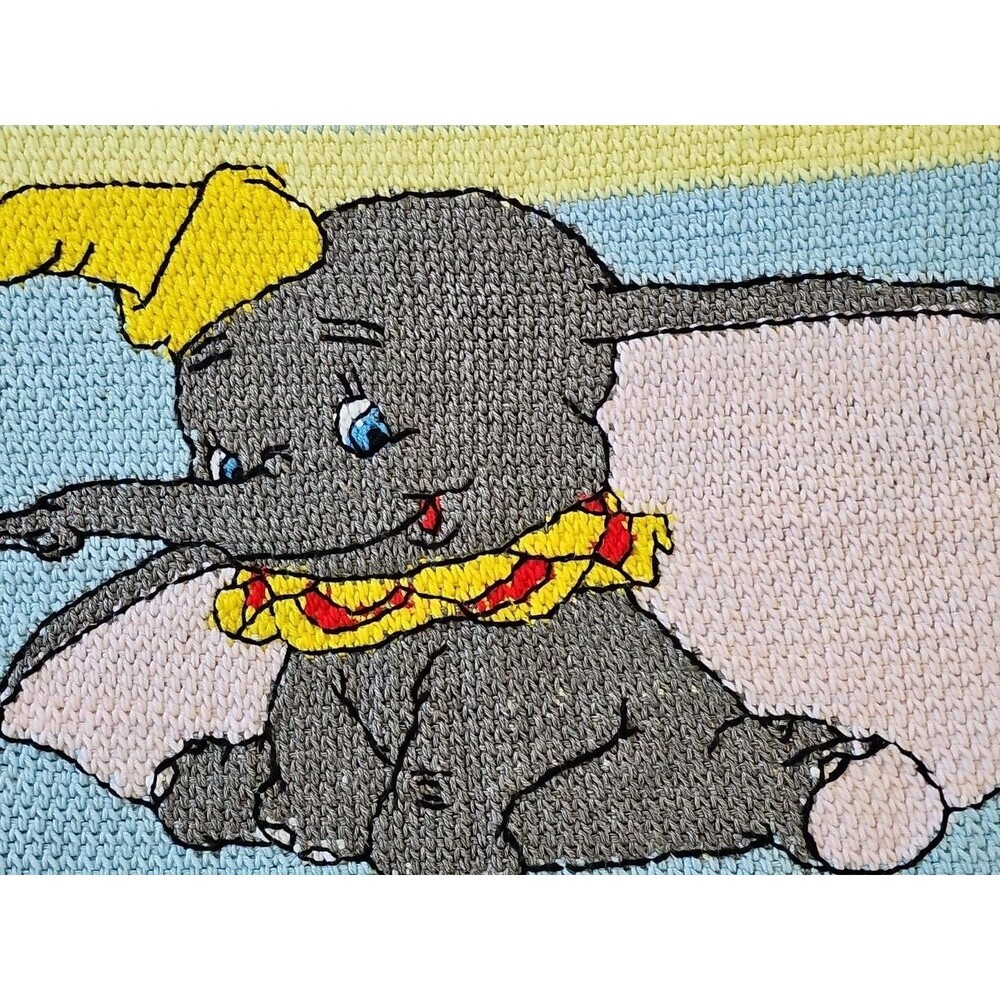 Dumbo Baby Blanket Handknit Crochet Blue Yellow Soft Knit Elephant Nursery Decor - Picture 7 of 13